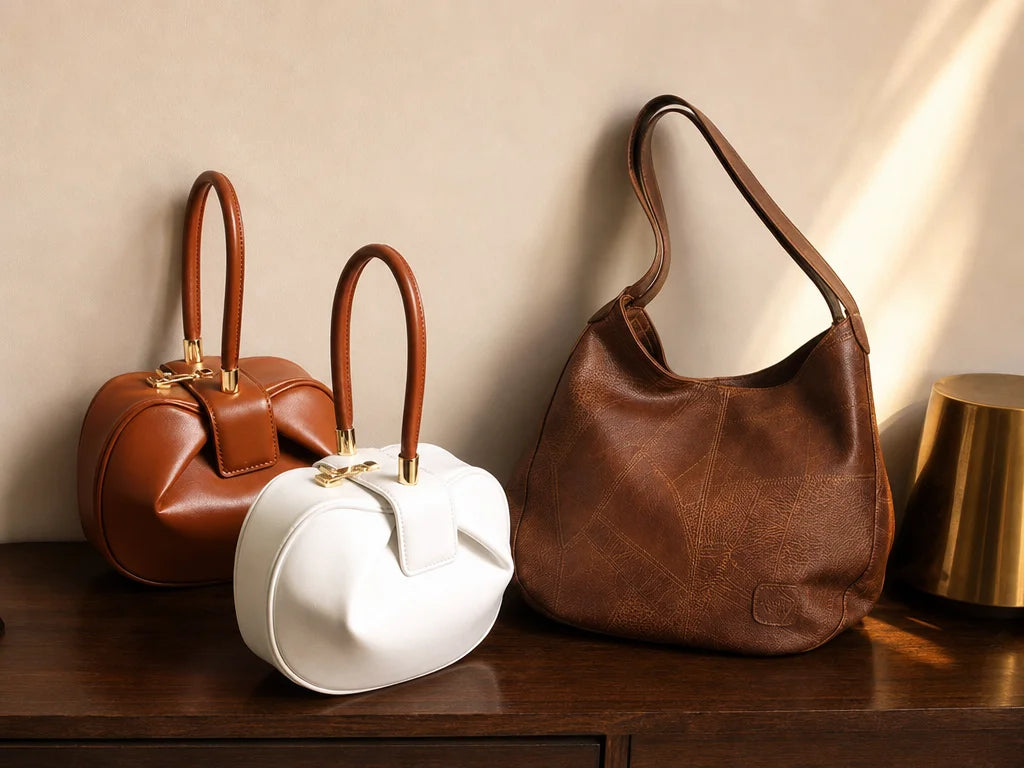 Editorial fashion capsule still life, 4:3 landscape. Arrange a small referenced set of exact handbag