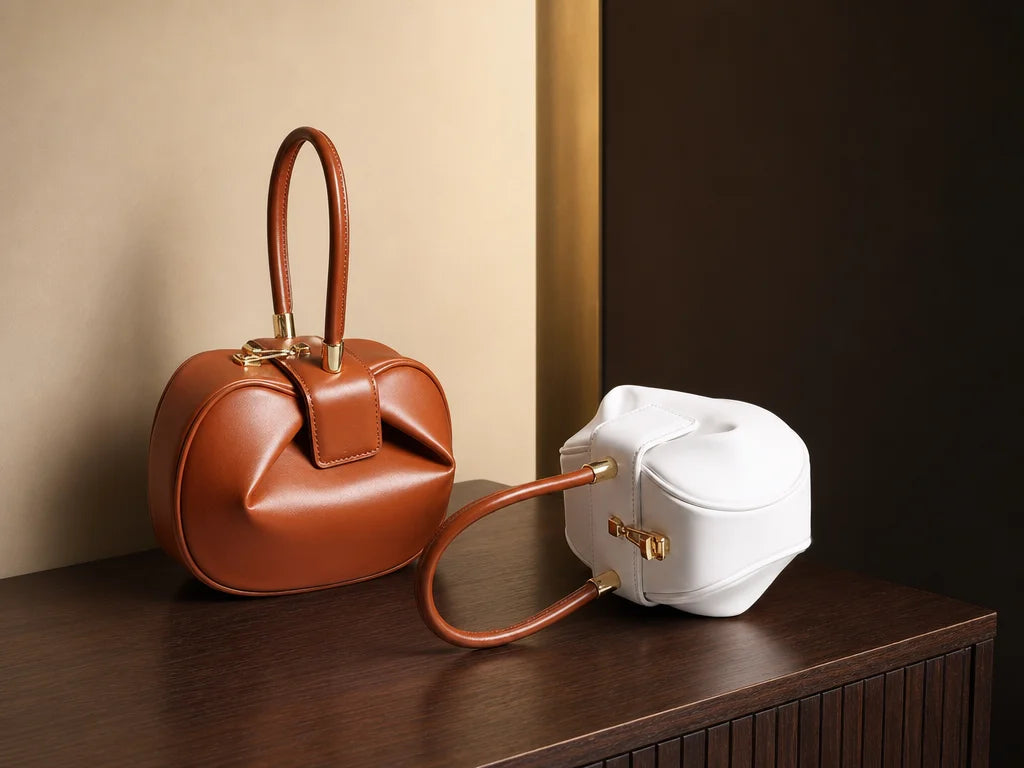 Editorial fashion capsule still life, 4:3 landscape. Show the exact Signature Elegance handbag in tw