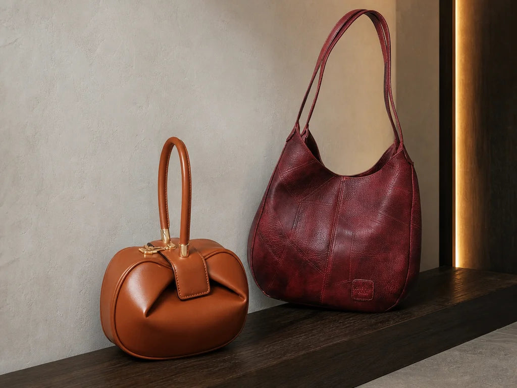 Curated product-family campaign portrait, 4:3 landscape. Present two distinct sourced bag styles as