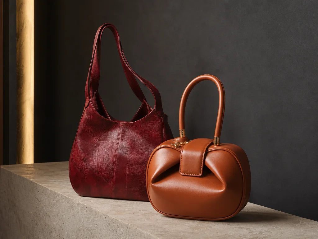 Curated product-family campaign portrait, 4:3 landscape. Show two distinct sourced handbags on a lon