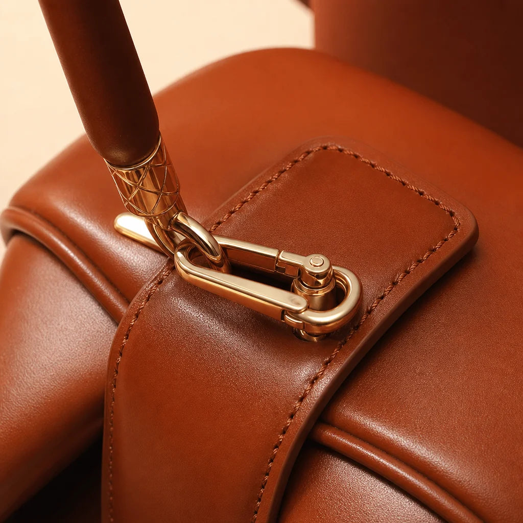 Professional fashion material and construction macro, 1:1 square. Isolate the exact brown Signature